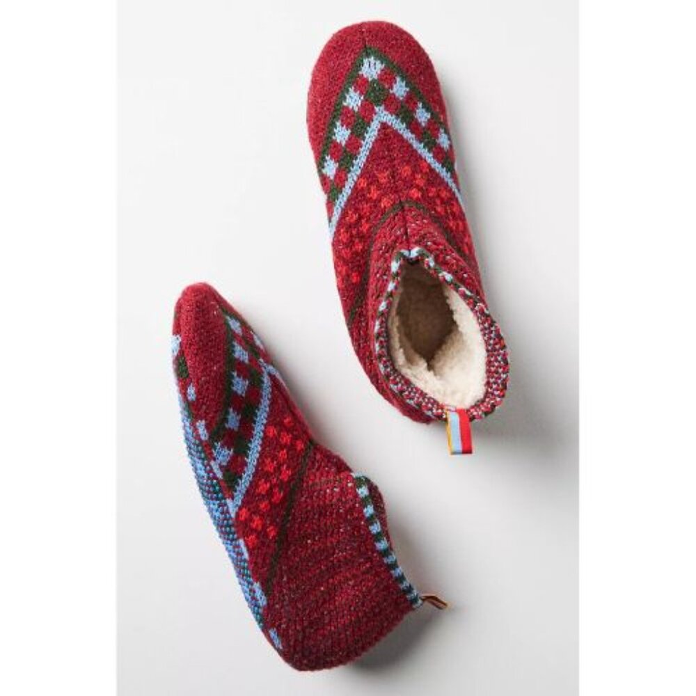 Bombas Red Knit Chevron Slipper Socks with Blue and Green Accents
